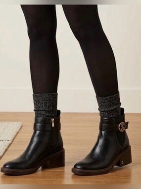 Sam & Libby Natalia Black Leather Ankle Boots with Gold Accent - Women Shoes